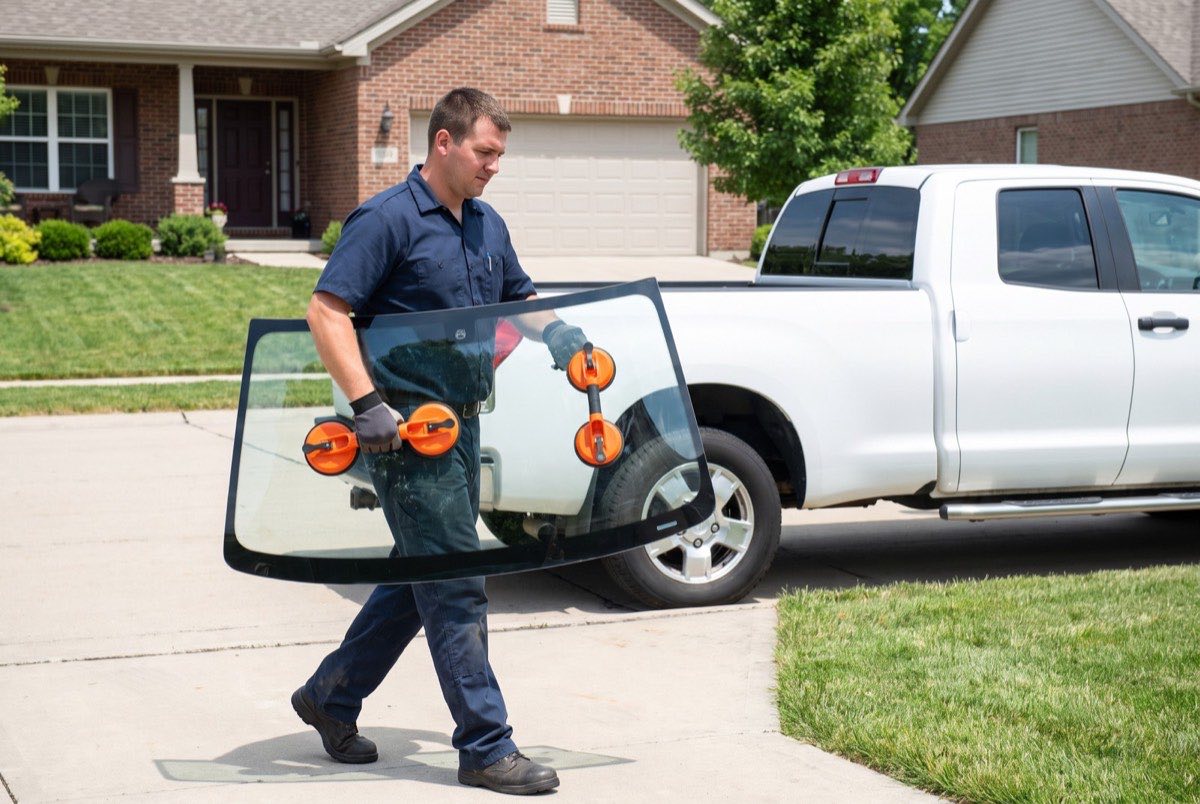 Auto glass technician carrying a new windshield to a pickup truck in a Celina, TX driveway