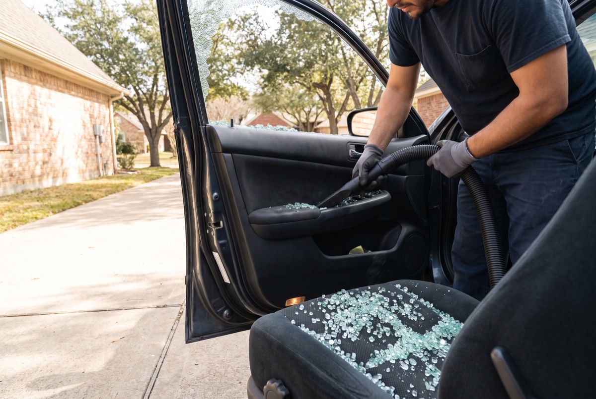 Technician vacuuming shattered tempered glass from a car door and seat in a Celina, TX driveway