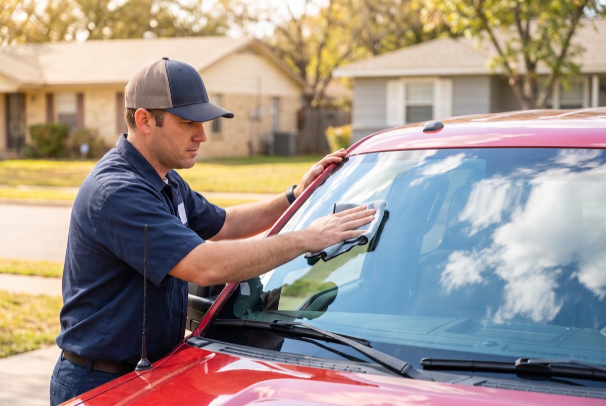 Technician inspecting a newly installed windshield on a red work truck in Celina, TX