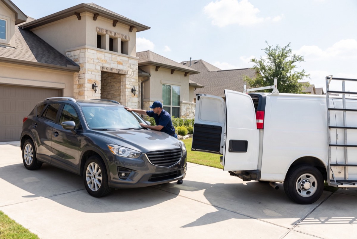 Mobile auto glass service van and technician replacing an SUV windshield at a home in Collin County, TX